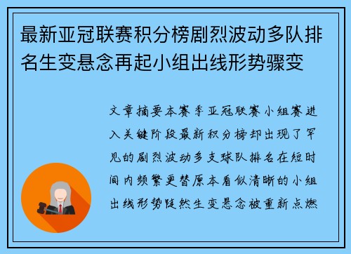 最新亚冠联赛积分榜剧烈波动多队排名生变悬念再起小组出线形势骤变